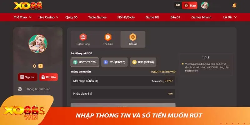 Nhập thông tin và số tiền muốn rút