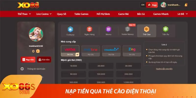 Nạp tiền qua thẻ cào điện thoại