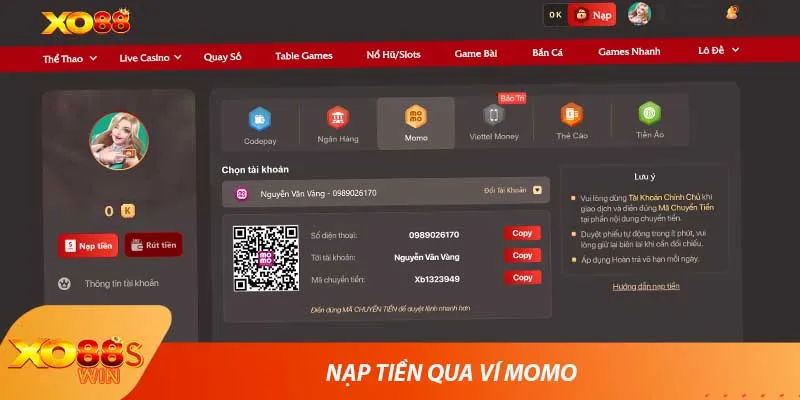 Nạp tiền qua ví Momo